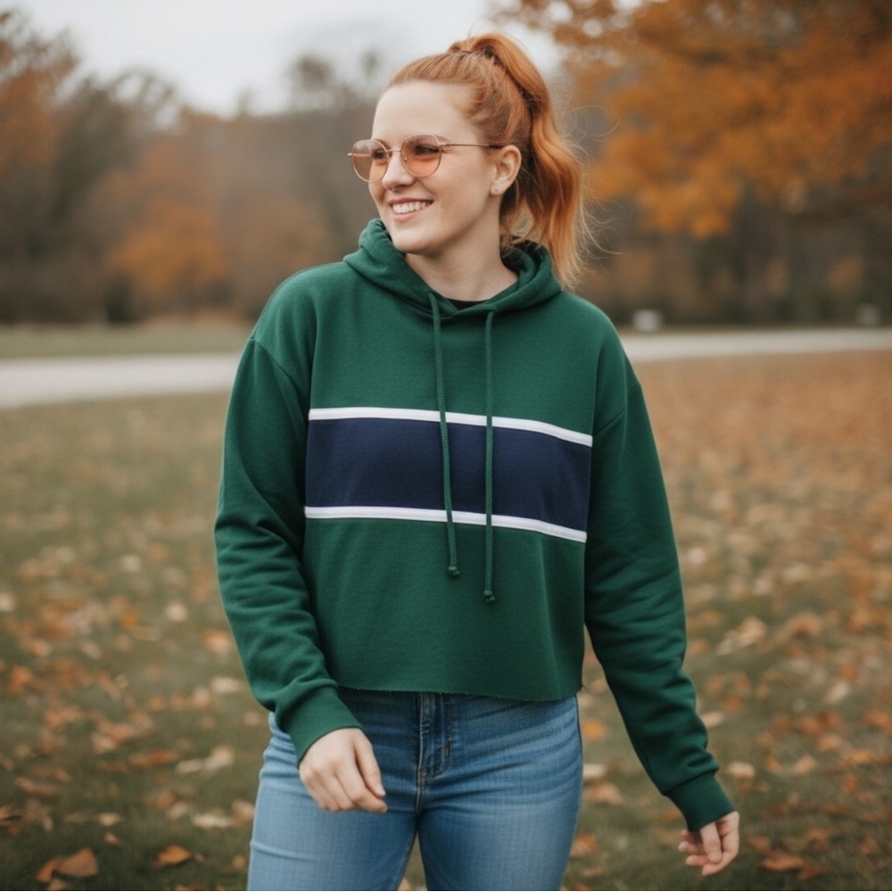 VTG Colorblock Dark Green and Navy Women's Hoodie Cropped 90s Style Sz Small